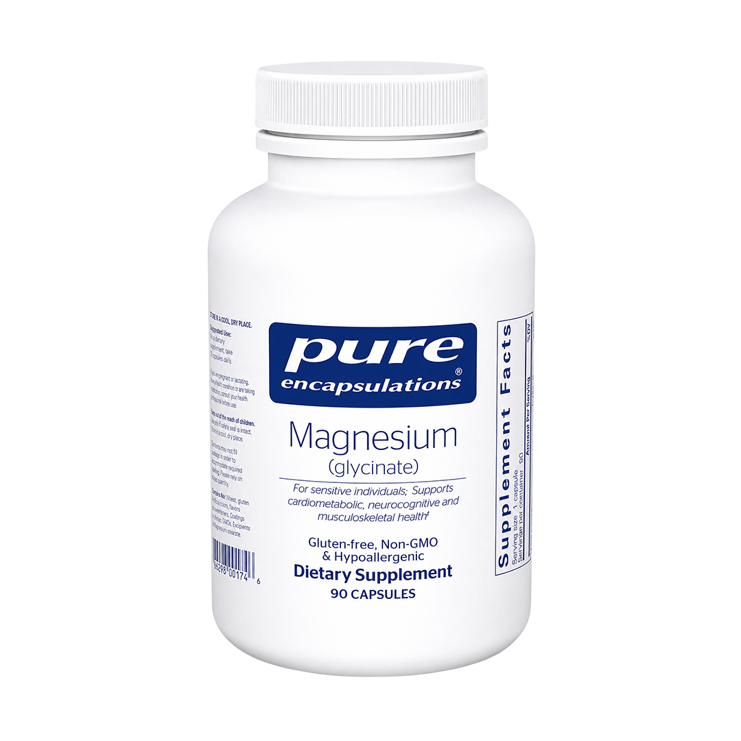 Pure Encapsulations magnesium glycinate supplement bottle, product photography